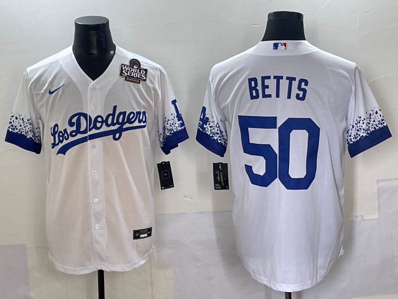 Men Los Angeles Dodgers #50 Betts White blue City Edition Nike MLB Jersey style 6